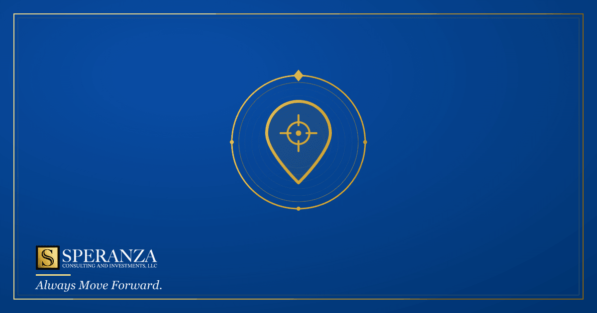 A site-selection reticle centered on a schoolhouse — picking franchise locations that fill — Speranza Consulting and Investments