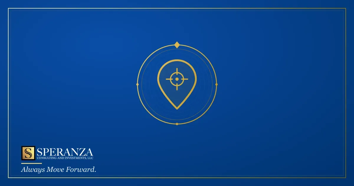 A site-selection reticle centered on a schoolhouse — picking franchise locations that fill — Speranza Consulting and Investments