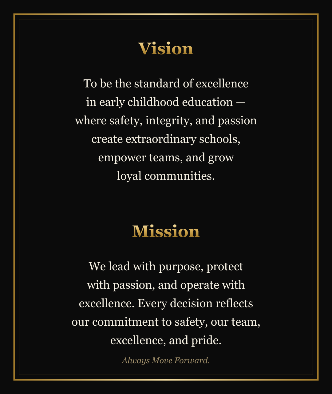 Every owner takes this back to their own school The Speranza Vision and Mission, gold on black